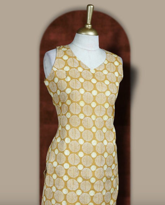 Mustard yellow colour coord set crafted in soft fabric, featuring a sleeveless V neck top with geometric circular prints, paired with a matching straight fit bottom.