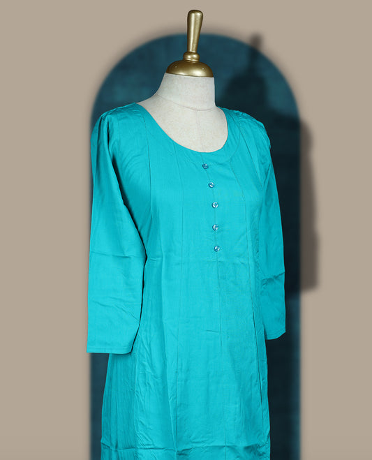 Sky blue colour cotton kurthi with front buttons and 3/4th sleeves & Features a round neck and minimalist design for a classy everyday look, Ideal for work or casual wear with maximum comfort.