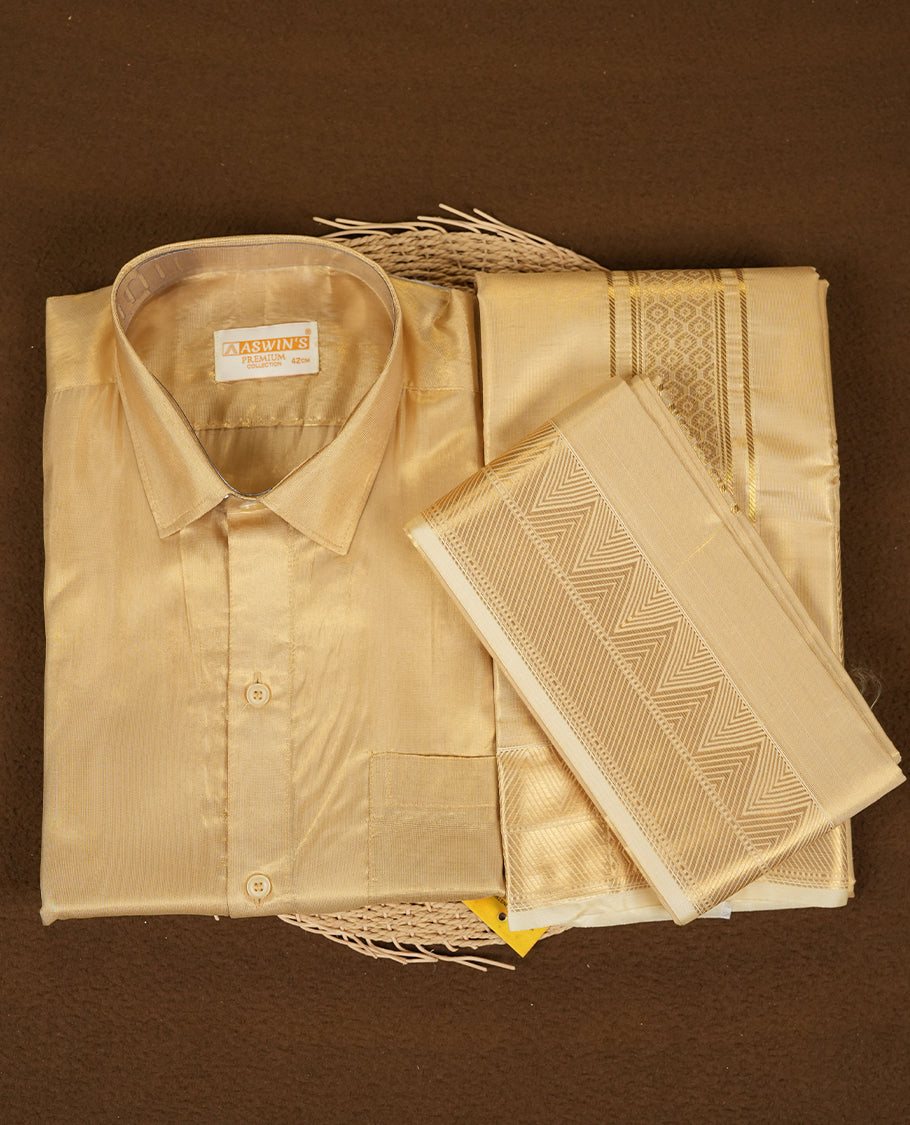 Biscuit colour Aswin’s wedding set featuring a refined silk shirt and matching dhoti with gold  zari detailing, crafted for timeless elegance and perfect for traditional weddings and festive occasions.