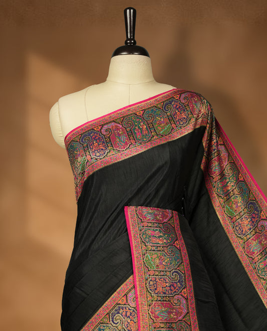 Black Pashmina Silk Saree with Plain Body, Intricate Multicolor Kashmiri-Style Embroidered Floral and Paisley Design on Contrasting Pink Zari Border & Pallu, Paired with Matching Blouse Piece