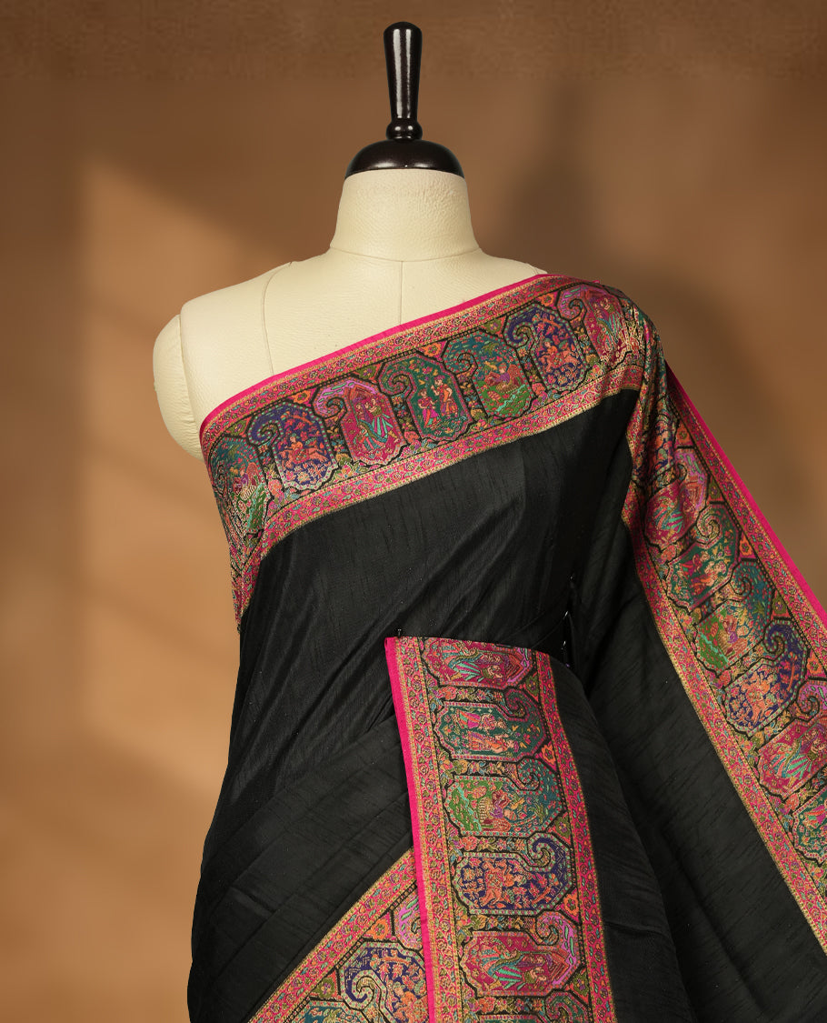 Black Pashmina Silk Saree with Plain Body, Intricate Multicolor Kashmiri-Style Embroidered Floral and Paisley Design on Contrasting Pink Zari Border & Pallu, Paired with Matching Blouse Piece