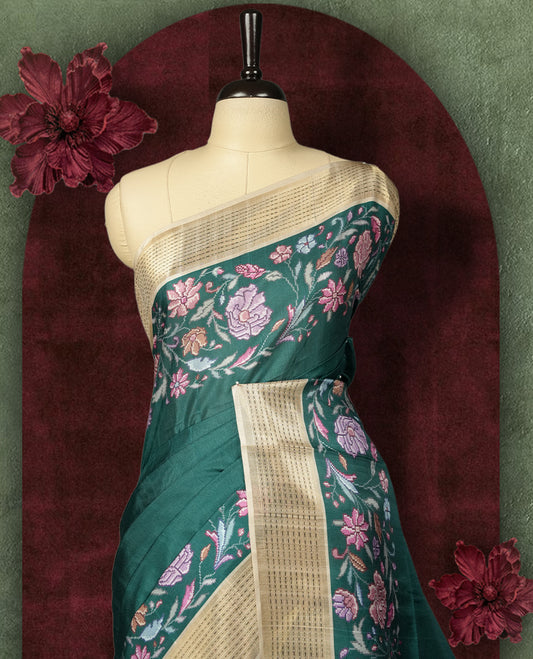 Green colour Semi Tussar Silk saree with vibrant digital floral printed body and elegant Kandha work border & Paired with a matching blouse.