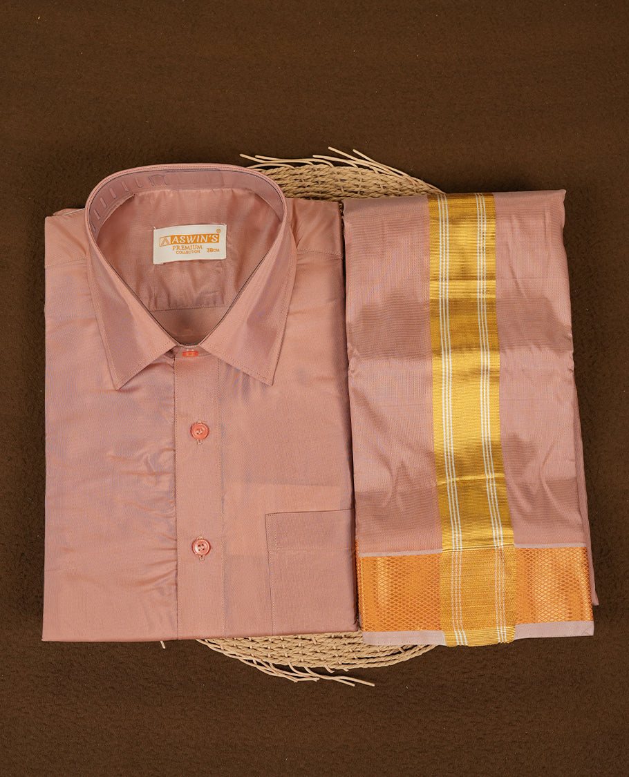 Copper colour Aswin’s wedding set featuring a refined silk shirt and matching dhoti with gold zari detailing, crafted for timeless elegance and perfect for traditional weddings and festive occasions.