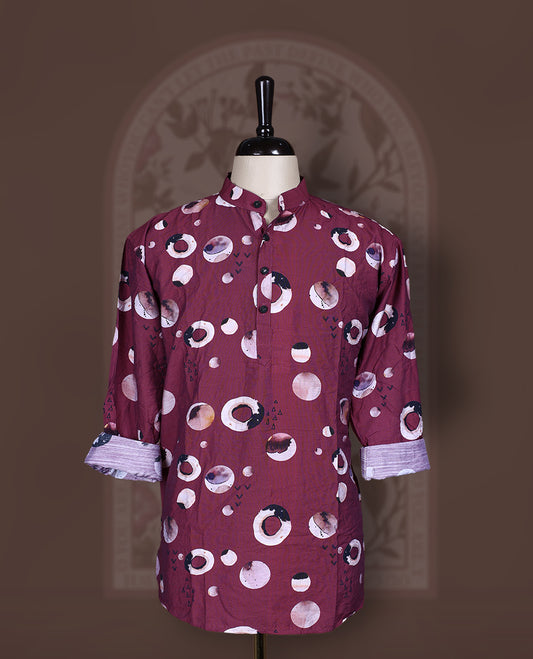 Dark onion colour short kurta in soft crush fabric featuring vibrant digital print and full sleeves, Lightweight and breathable, perfect for casual outings or adding a festive touch to your everyday look.