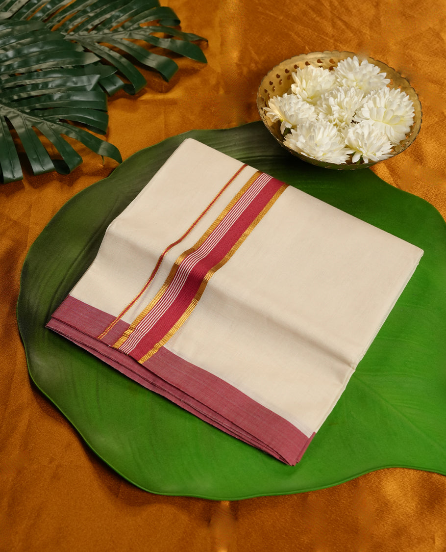 Off white Colour Pure Cotton double Dhoti with red and gold Colour Border for Men