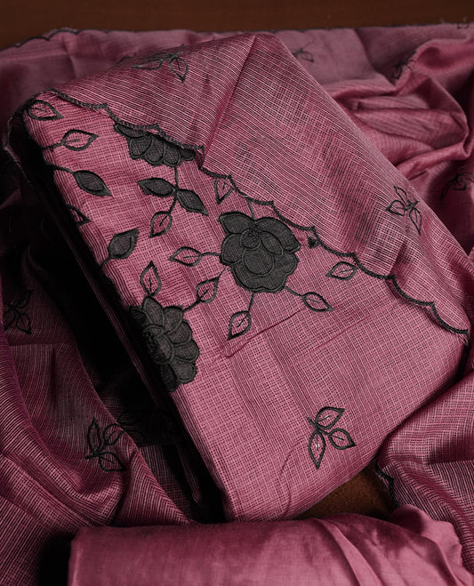 Dark Rouge colour churidhar material featuring Black colour thread embroidery on the front panel, self colour dupatta with elegant border, and matching plain bottom