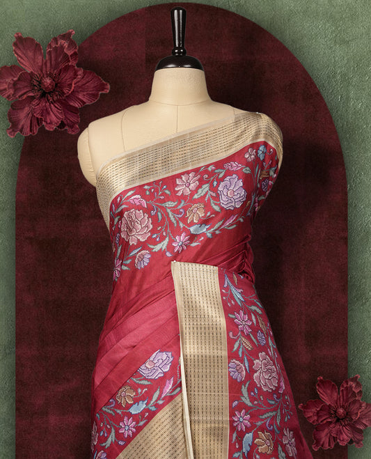 Maroon colour Semi Tussar Silk saree with vibrant digital floral printed body and elegant Kandha work border & Paired with a matching blouse, it beautifully blends traditional craftsmanship with modern charm.