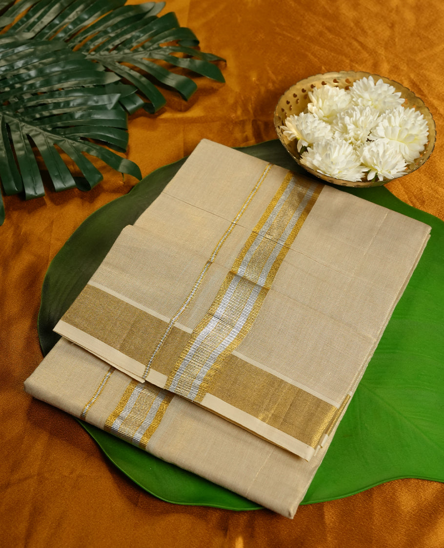 Gold Colour Pure Cotton double Dhoti with gold and silver Colour Border for Men