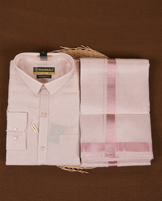 RAMRAJ Rose Gold Colour shirt paired with a matching dhoti, elegantly finished with a Rose gold border.