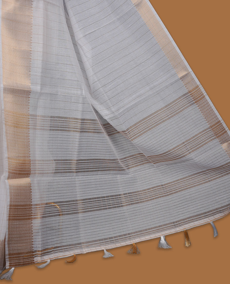 Off-white colour cotton Kerala saree featuring a classic gold kasavu border, detailed with fine woven stripes across the body and pallu, and paired with a matching blouse.