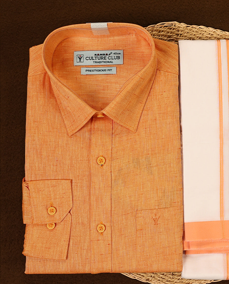 Deep Orange cotton shirt with classic collar and button down style, paired with a traditional white dhoti featuring a matching orange woven border, perfect for festive and cultural occasions.