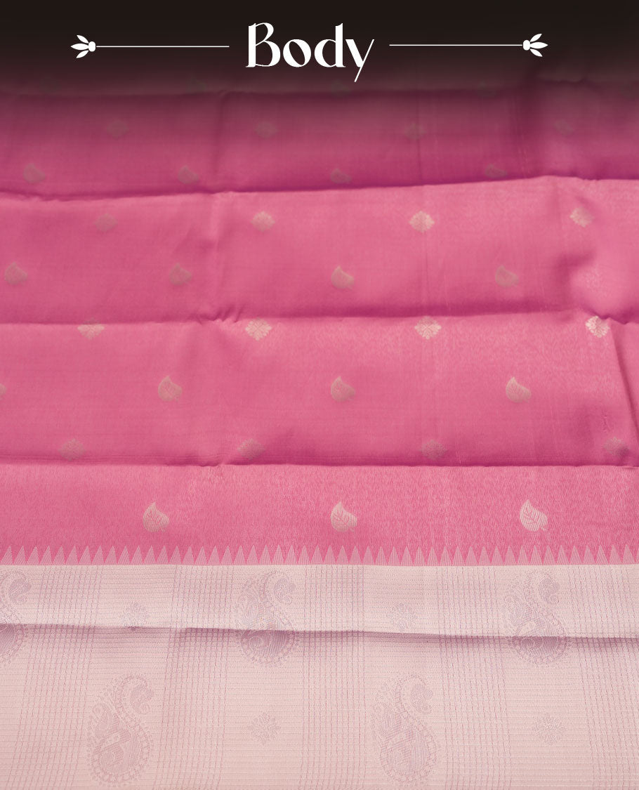 Rose Pink colour Semi Silk Saree with Subtle Zari Butta Motifs on the Body, Contrasting Silver Zari Woven Pallu and Border Featuring Intricate Patterns and Tassels, Paired with Coordinated Blouse Piece