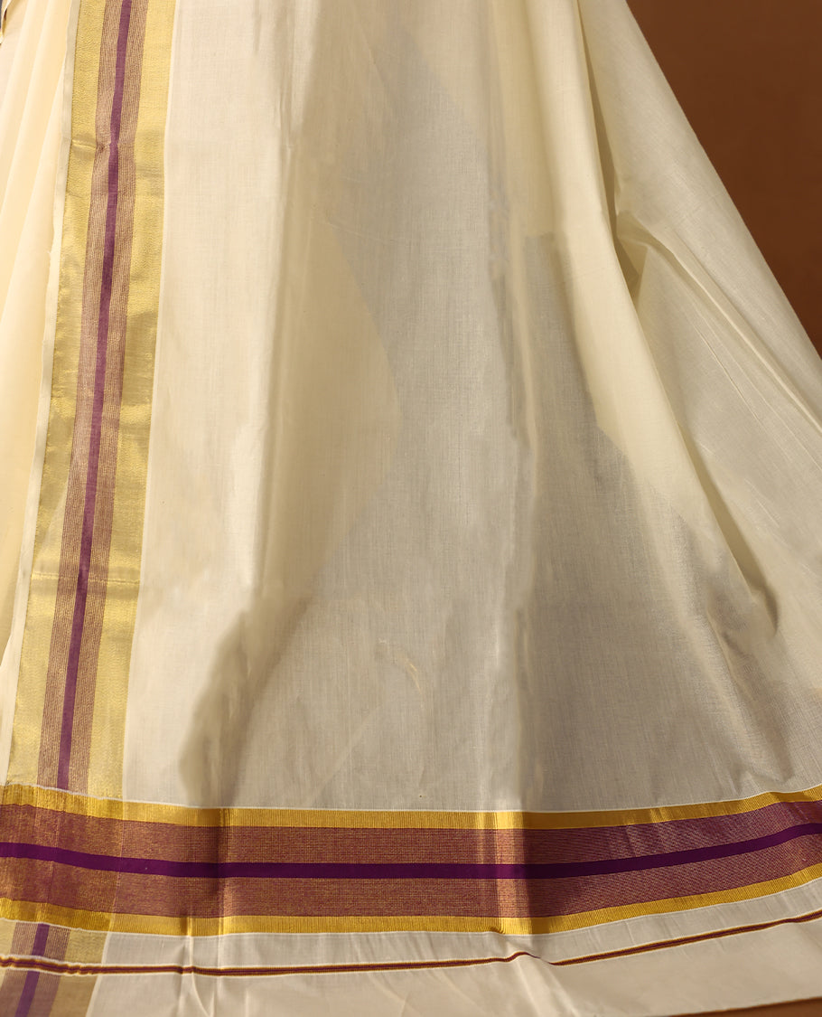 Elegant off white colour cotton Kerala saree featuring Plain body, Grape colour & golden zari kasavu border offering a classic and graceful look, paired with a matching blouse.