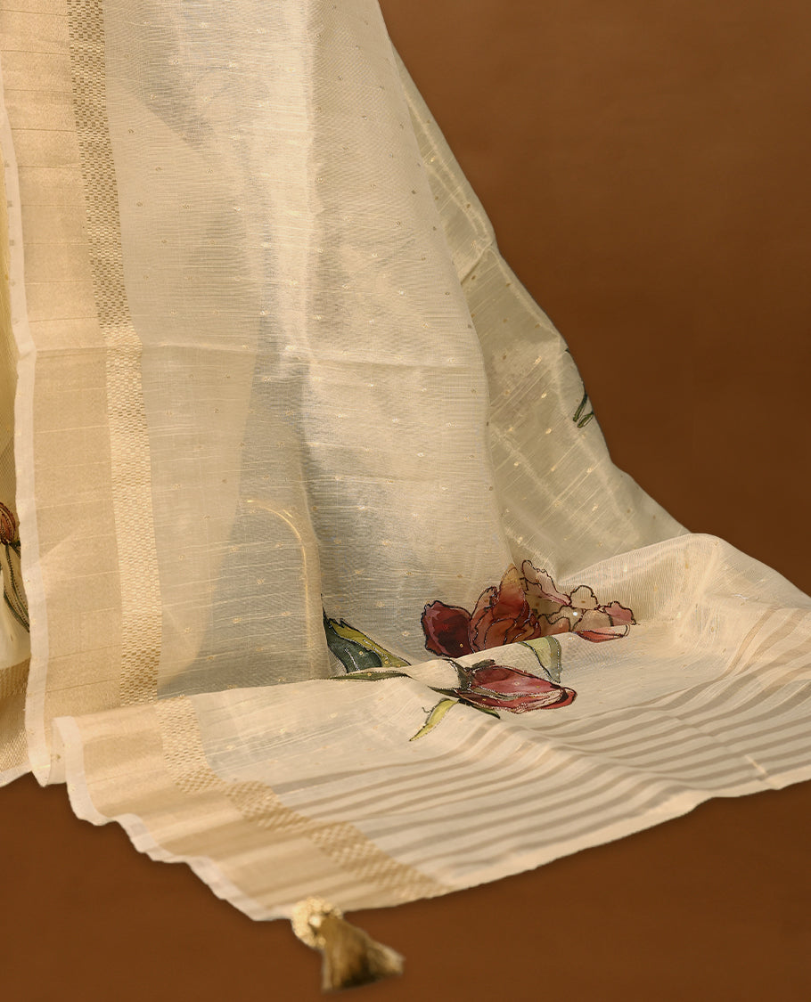 Radiant gold organza Kerala saree adorned with delicate floral Digital Prints, a shimmering zari border and a matching blouse