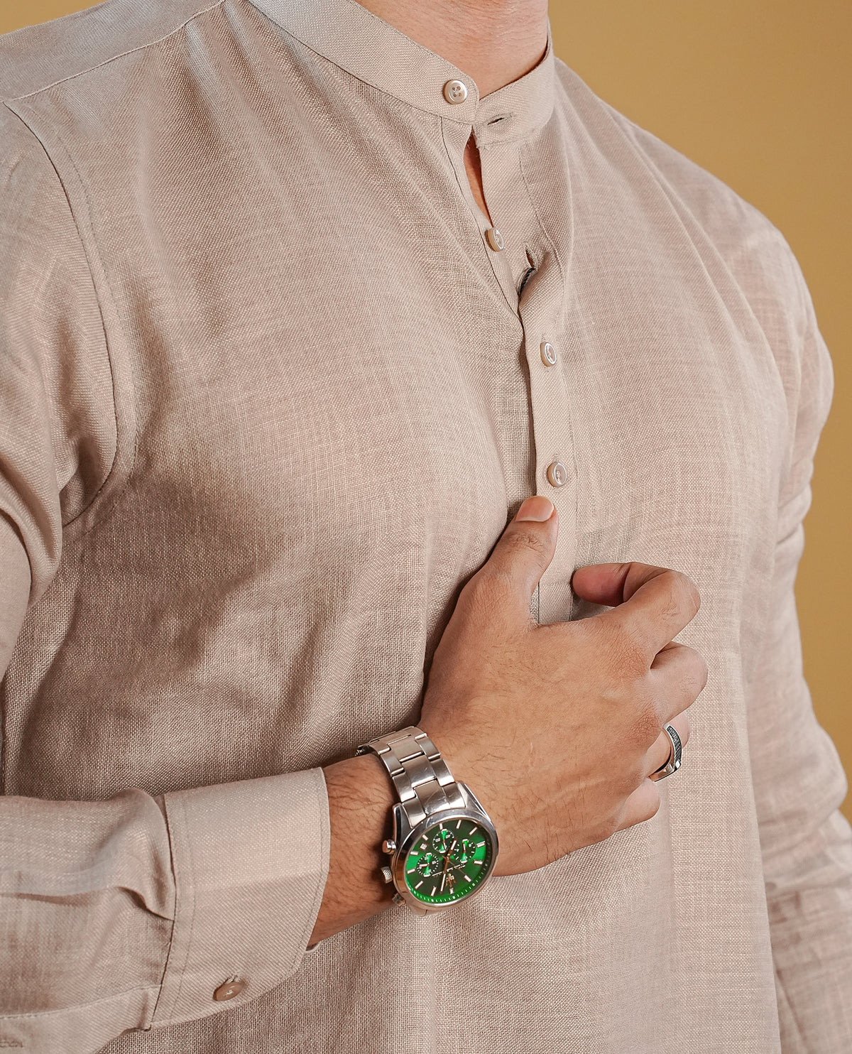 Beige colour men's kurta featuring elegant Print on the Border, complemented by full sleeves for a refined and festive look.