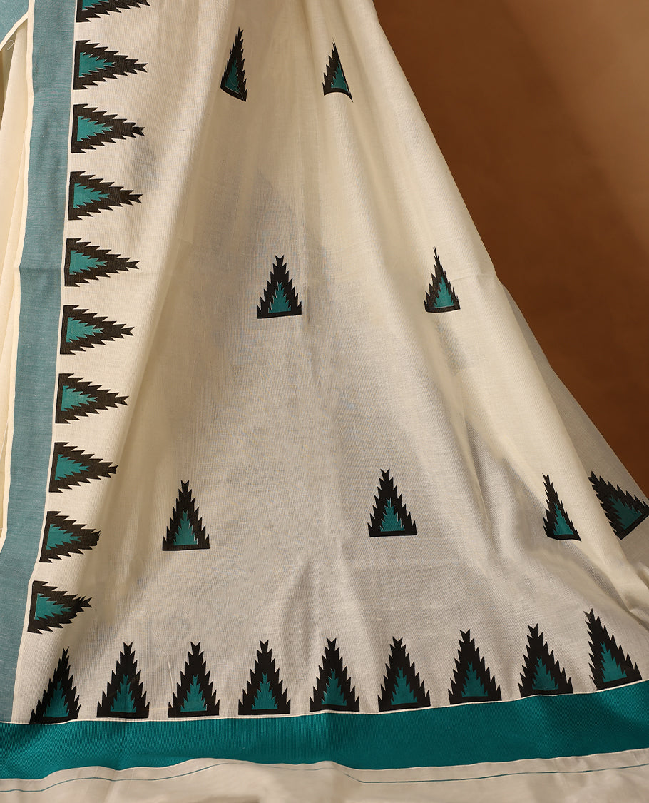 Elegant off white colour cotton Kerala saree featuring Plain body, Deep Aqua Green colour border with temple designs, Paired with matching blouse offering a classic and graceful look