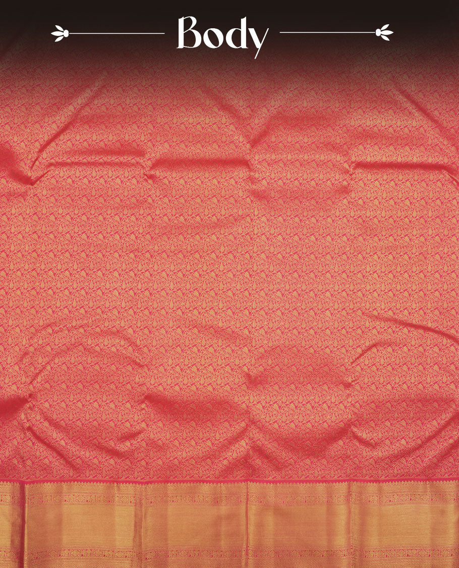 Rani pink colour Kanchipuram pattern Manthrakodi saree featuring golden zari traditional pattern and floral zari jacquard with small zari motifs across the body, traditional bavanji border, and plain zari blouse piece.