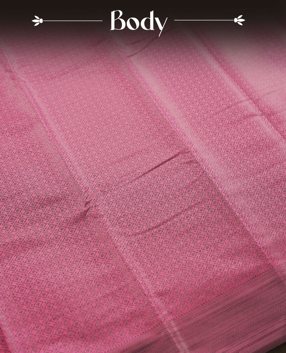 Pink colour semi silk saree featuring neem zari Brocade geometric Pattern all over the body, complemented by a Self Colour woven border with detailing, Pallu & blouse.