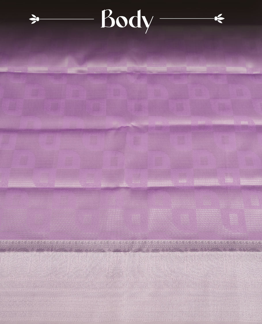 Pink colour Semi Silk Saree with Self-Checked Geometric Patterns, Contrasting Silver Zari Woven Pallu and Border with Intricate Motifs and Tassels, Paired with Coordinated Blouse Piece