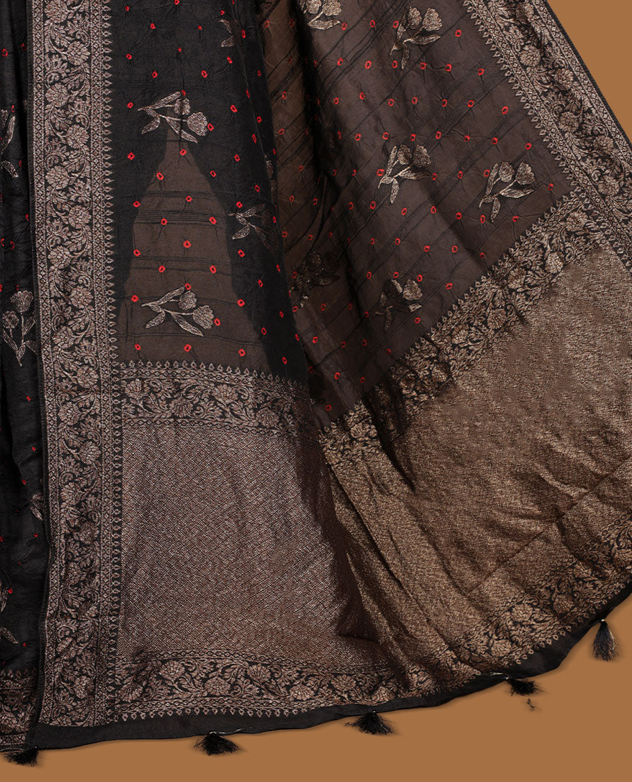 Black colour Banarasi Bandhani silk saree featuring with intricate Banarasi motifs on body, complemented by antique zari woven border and grand pallu, paired with matching  blouse
