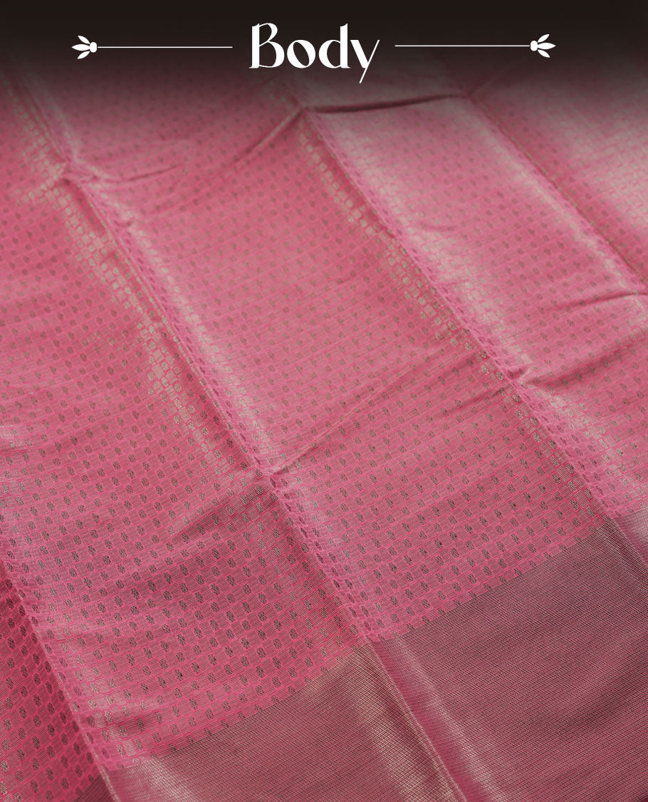 Dusty pink colour semi silk saree featuring neem zari Brocade geometric Pattern all over the body, complemented by a Self Colour woven border with detailing, Pallu & blouse.