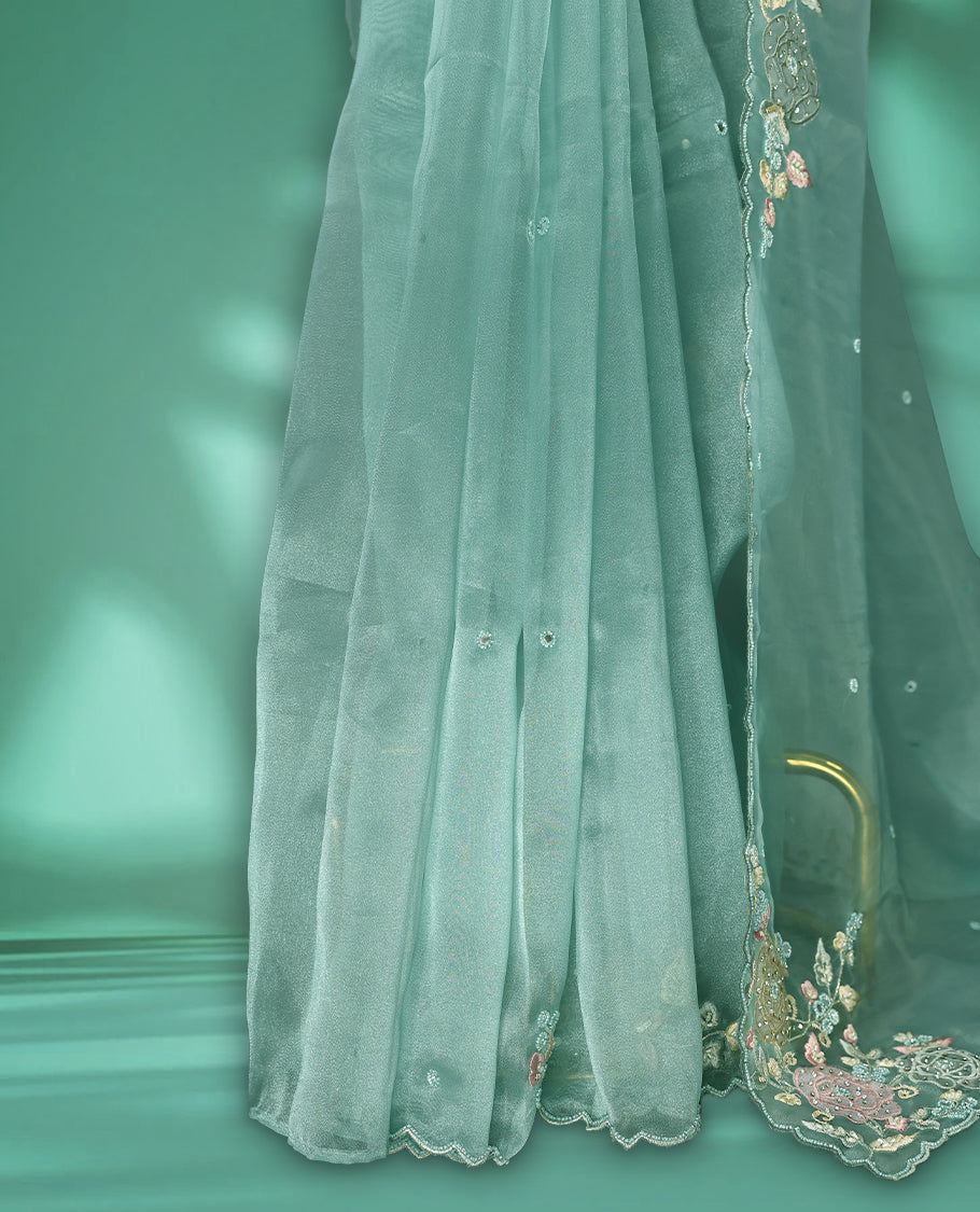 Light Blue Colour organza saree featuring delicate floral embroidery with applique, bead, mirror, and thread detailing on the body and scalloped border, lending a soft feminine charm, paired with a matching blouse.