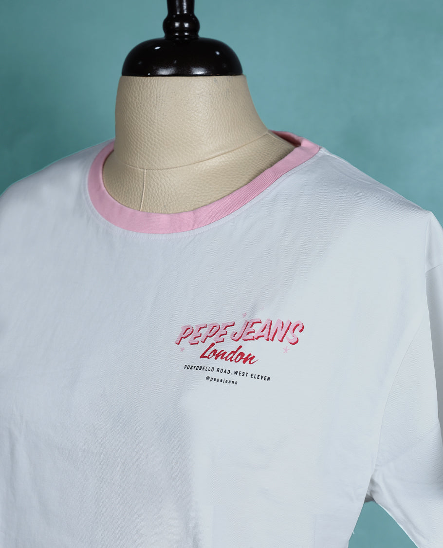 White T shirt with a pink crew neckline, short sleeves, and a front chest print for a casual look.