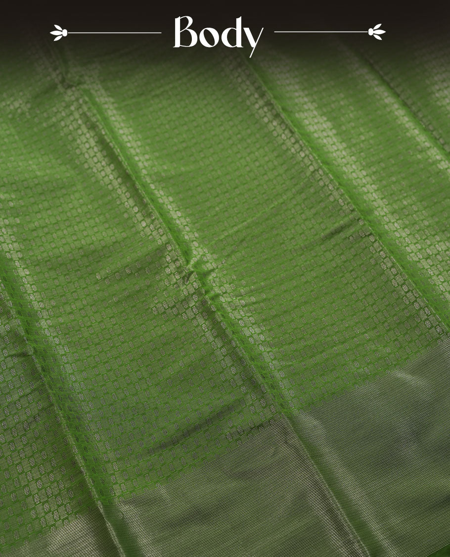 Green colour semi silk saree featuring neem zari Brocade Pattern all over the body, complemented by a Self Colour woven border with detailing,geometric pattern Pallu & plain blouse.