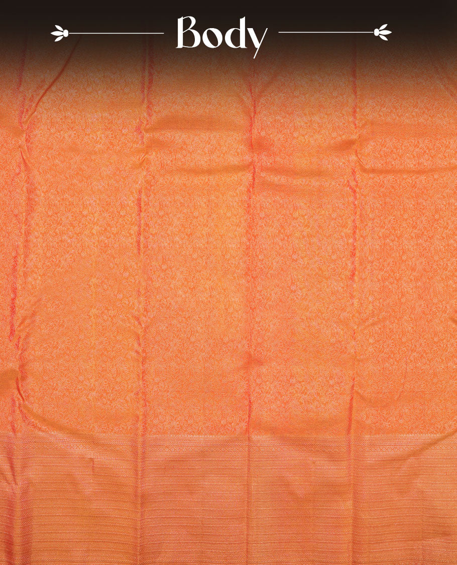 Mango yellow colour Kanchipuram pattern Manthrakodi saree featuringrose gold zari floral pencil art design & jari jacquard design and geometrical border and jacquard zari blouse piece.