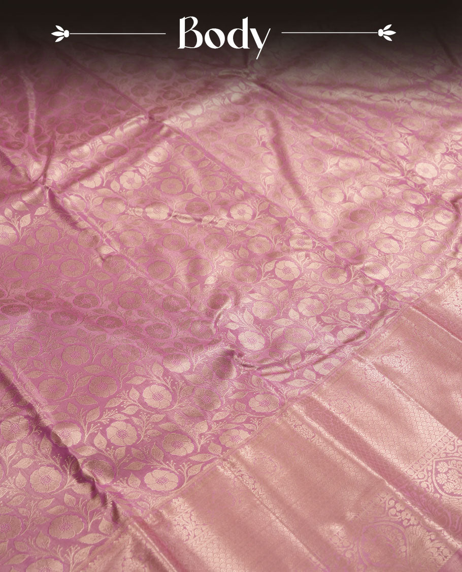 Pink colour and Antique silver Zari Tissue Brocade Saree features intricate floral Motifs on body and fancy border & pallu with floral patterns, paired with matching blouse