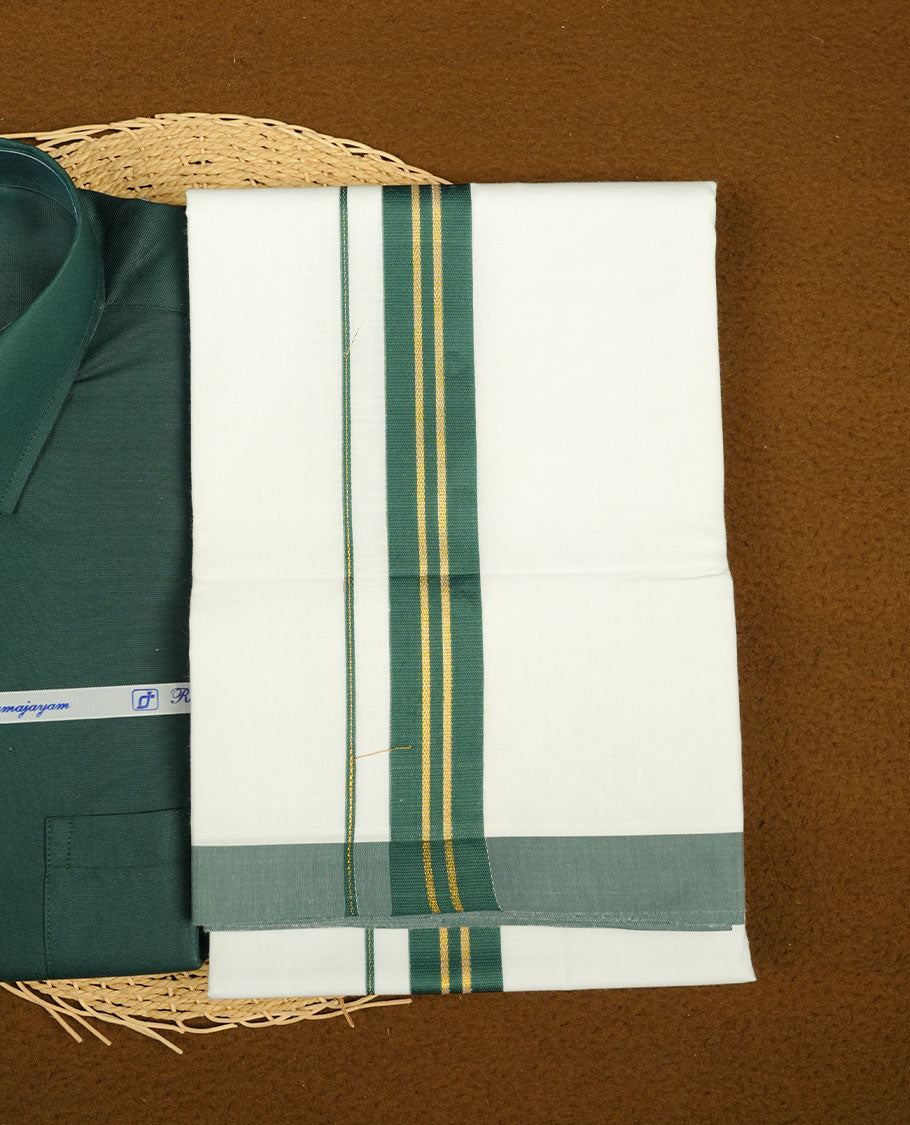 Dark green Colour shirt paired with a matching dhoti, finished with a dark green and gold border.