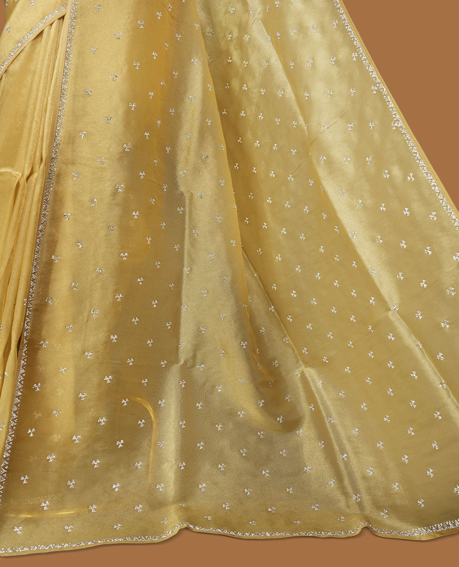 Golden Beige colour net shimmer fancy saree adorned with scattered white stone buttas all over the body, paired with a delicate stone worked border and matching blouse featuring floral vine stone embroidery