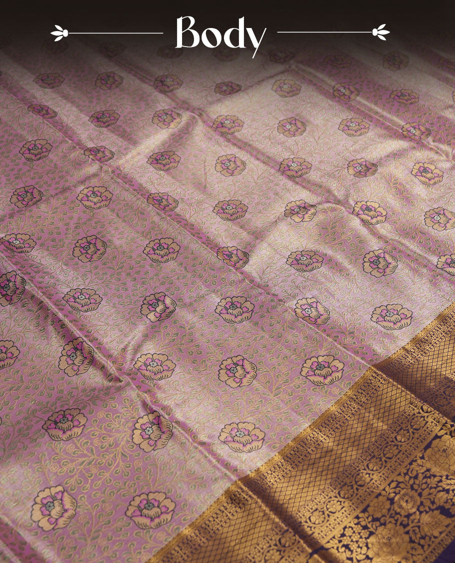 Pink colour and Antique gold Zari Tissue Brocade Saree features intricate a floral Motifs on body and rich violet colour with traditional border & pallu, paired with matching blouse