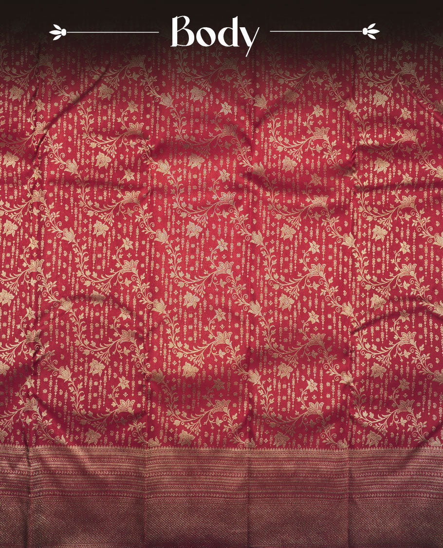 Ruby red colour Kanchipuram pattern Manthrakodi saree featuring antique kodi zari jacquard design on the body, complemented with a graceful self turning border and a matching zari jacquard blouse piece.