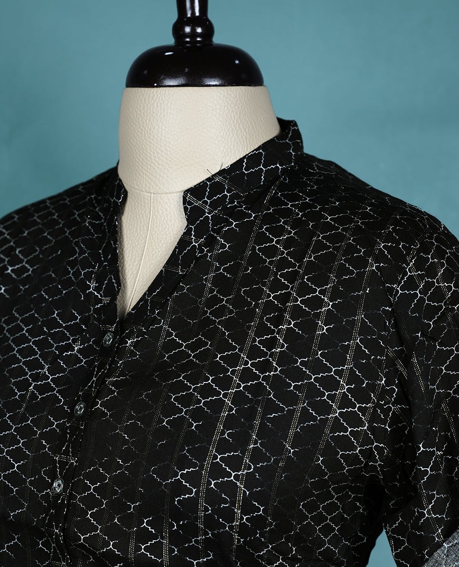 Black Colour Printed Mandarin Collar Short Sleeve Top for Women.