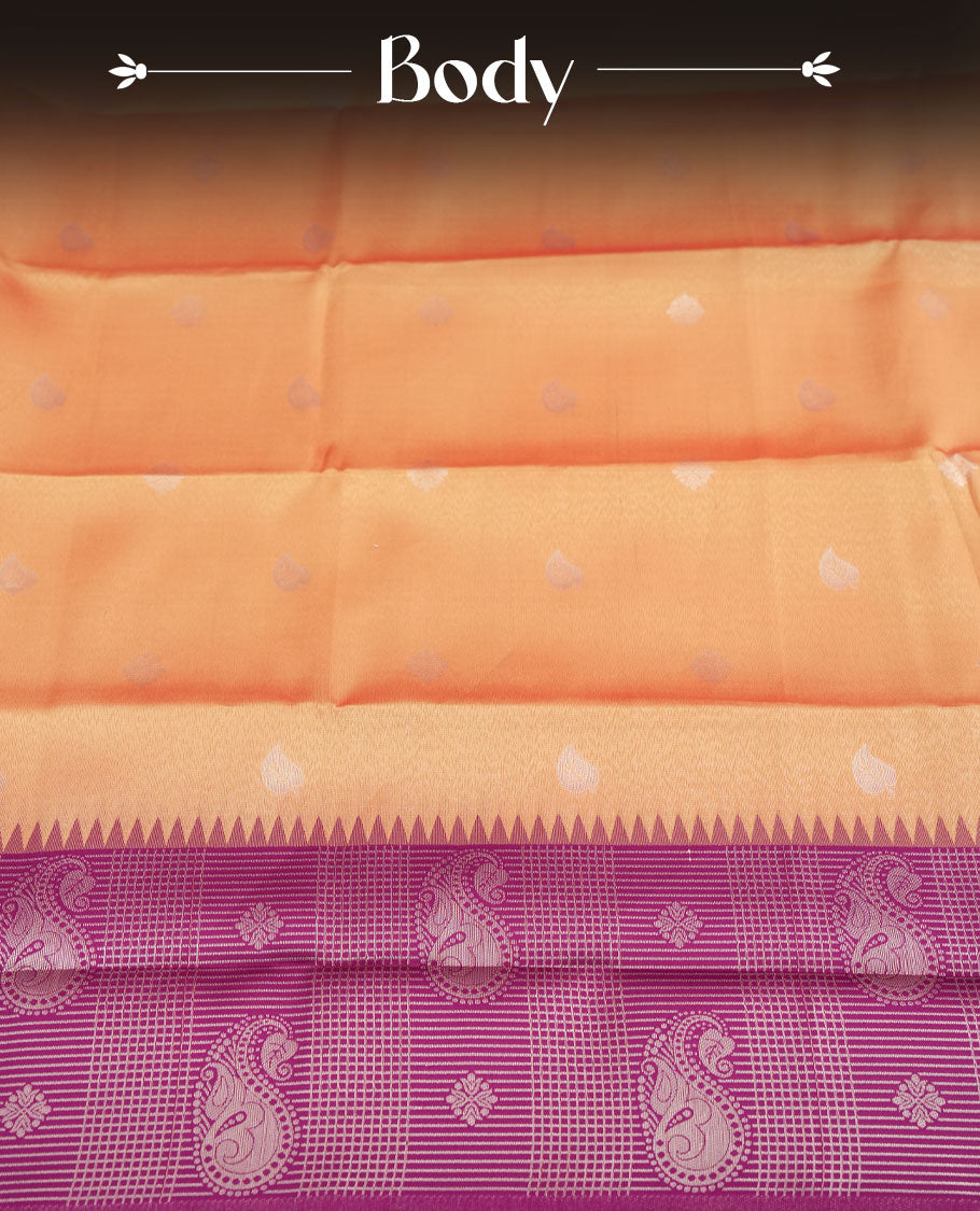 Peach colour Semi Silk Saree with Silver Zari Butta Motifs, Contrasting Magenta Zari Woven Pallu and Border Featuring Intricate Floral Patterns and Tassels, Paired with Coordinated Blouse Piece