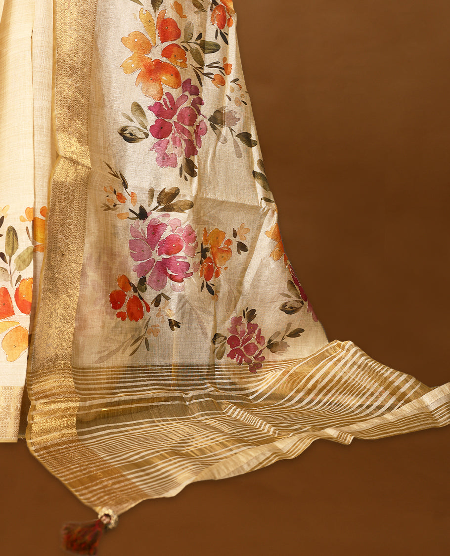 Ivory tussar Kerala saree adorned with intricate floral Digital Prints, complemented by a rich zari border, detailed pallu with matching Blouse