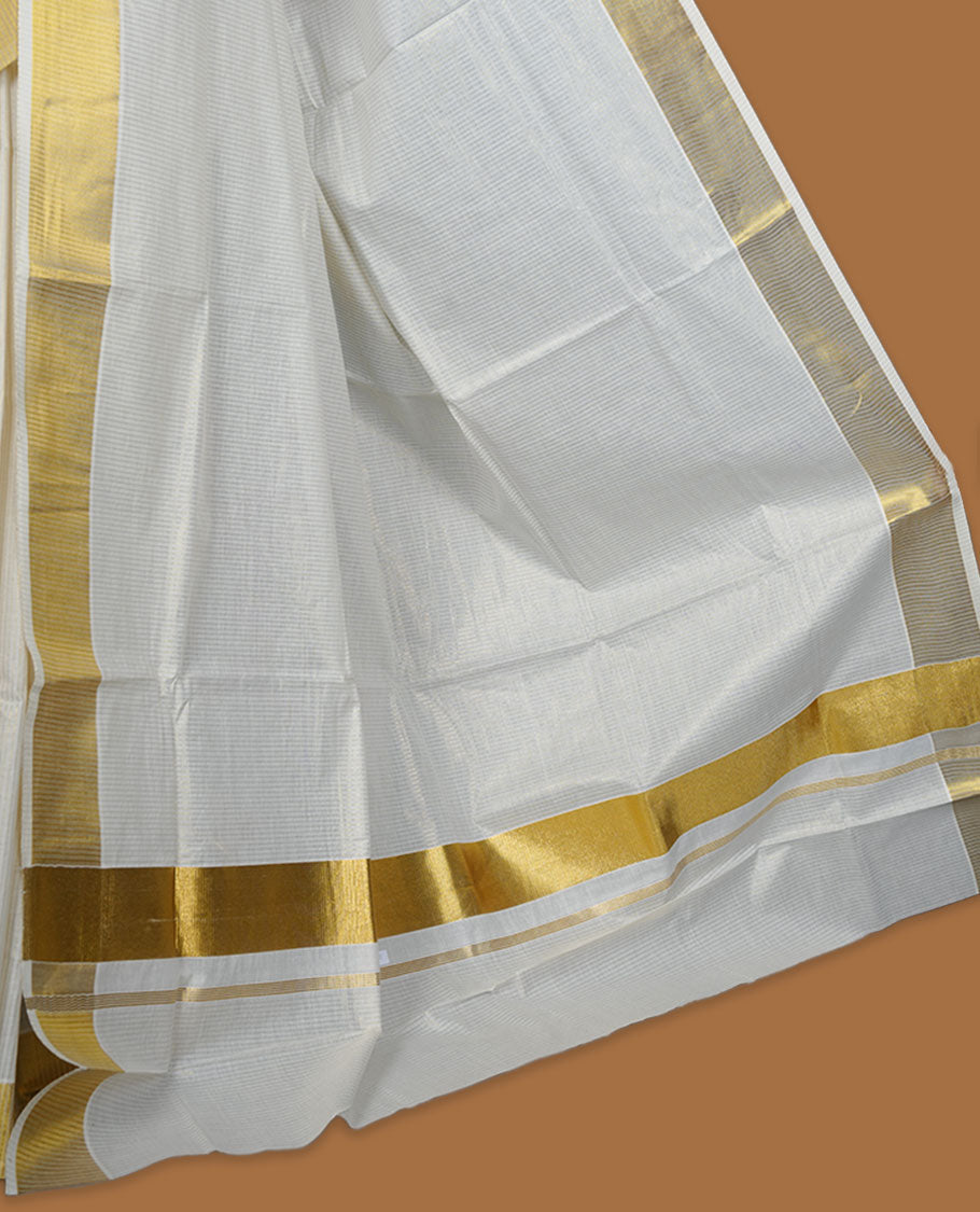 Off white colour Kerala cotton saree featuring fine golden stripes, complemented by a classic zari border and traditional pallu, paired with a matching blouse.