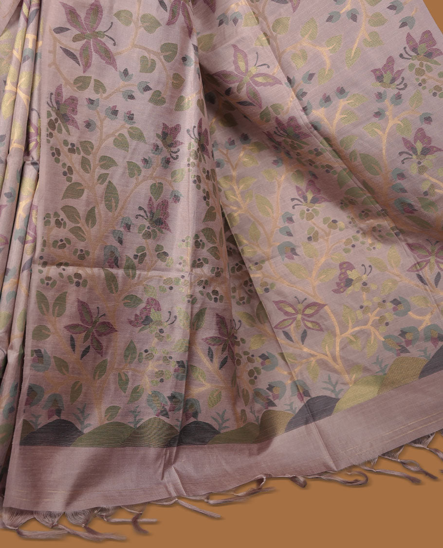 Light Lavender colour semi jamdani tussar silk saree featuring woven Floral kodi & butterfly motifs on the body, complemented by a self colour  without border pallu, paired with a matching blouse.