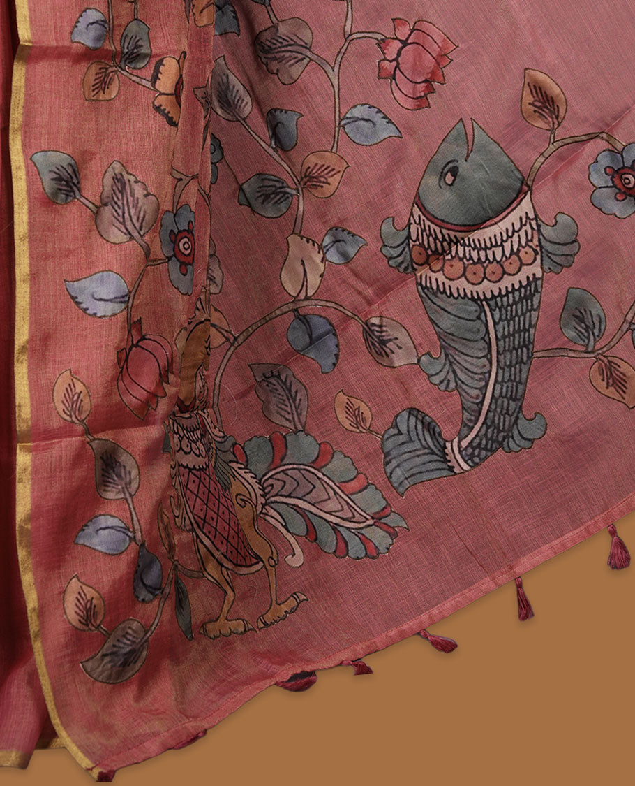 Georgia peach colour colour semi linen saree featuring hand-painted bird and floral motifs on the body, finished with a subtle gold border and paired with a matching floral print blouse.
