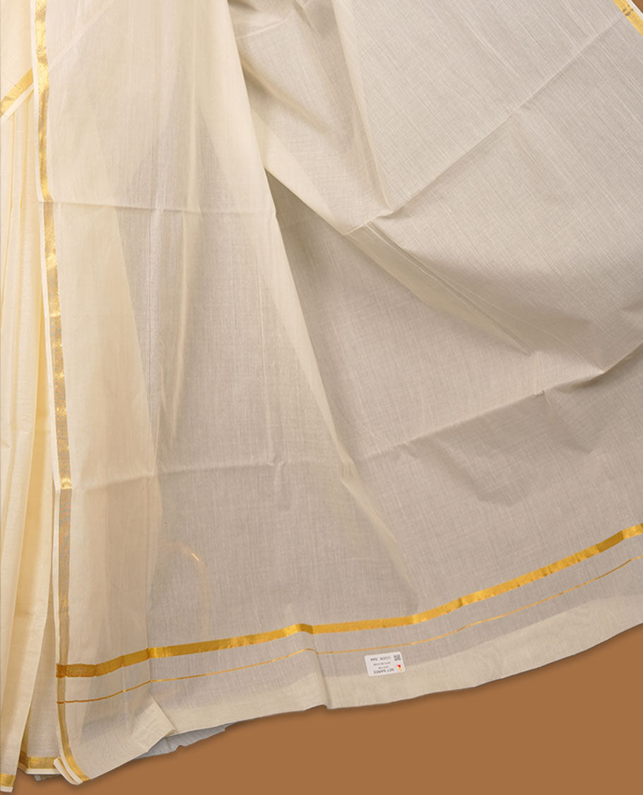 Off-white colour cotton Kerala saree with a subtle gold kasavu border, featuring a clean, plain body and airy texture, paired with a matching blouse.