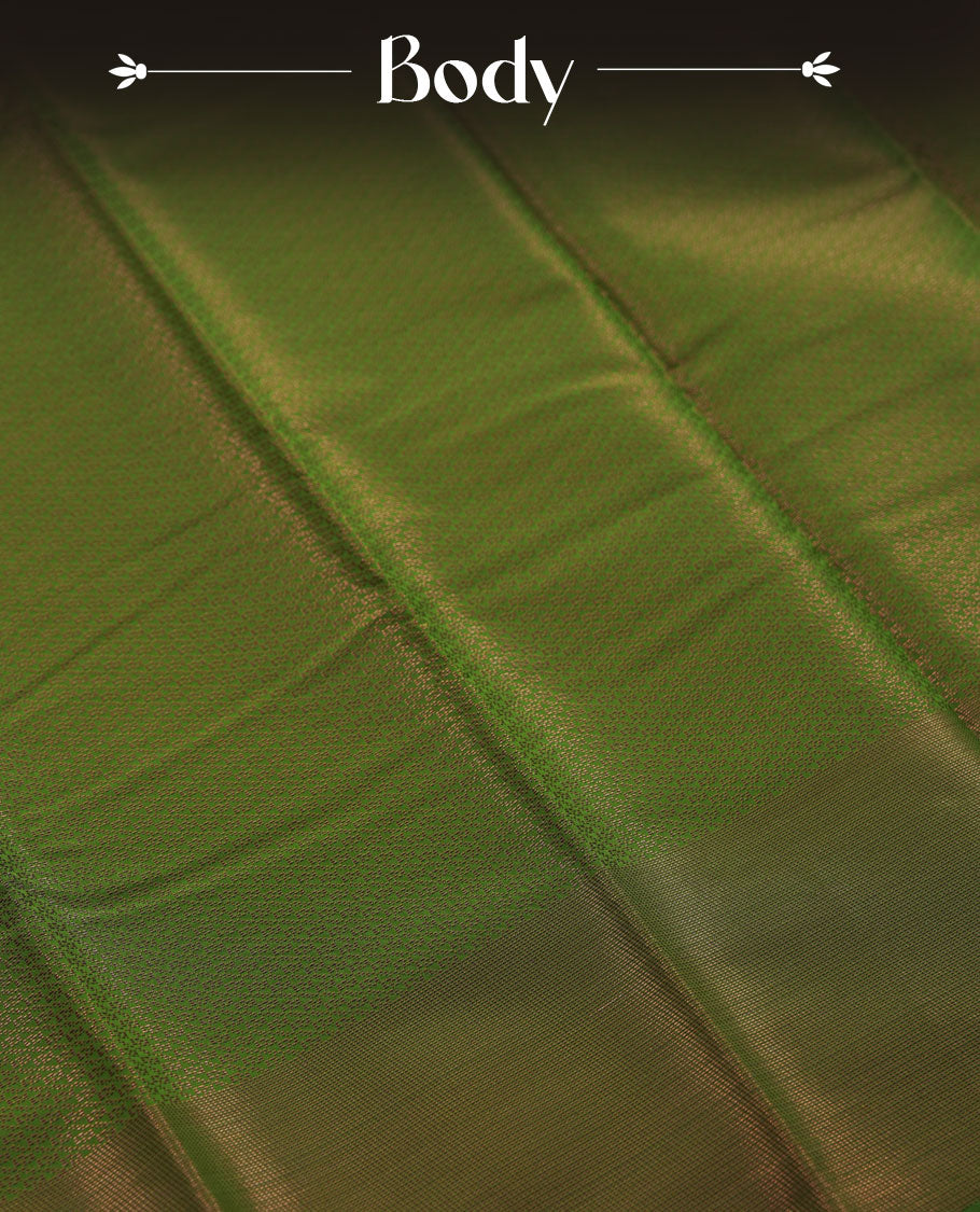 Green colour semi silk saree featuring neem zari Brocade Pattern all over the body, complemented by a Self Colour woven border with detailing with contrast Red Colour Pallu & blouse.