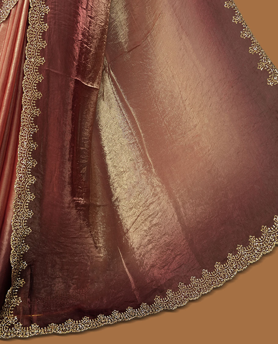 Chocolate Brown Colour shimmer fancy saree adorned  body, paired with a delicate with scattered gold stone worked border and matching blouse
