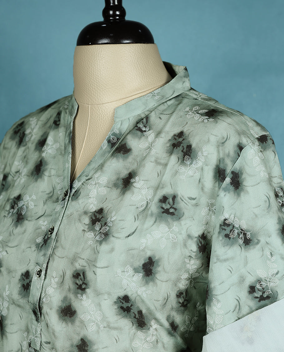 Pastel Sage Green Colour Floral Printed Mandarin Collar Short Sleeve Top for Women.