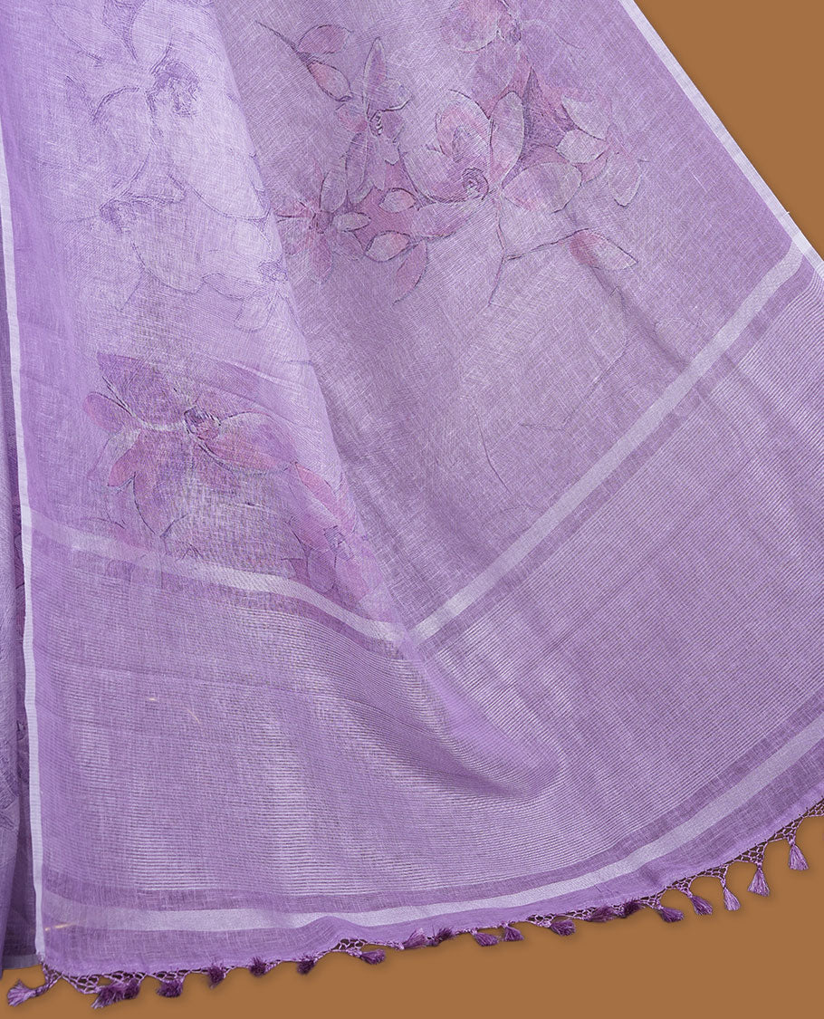 Lavender colour pure linen saree featuring Floral print pattern across body, silver thin border finished with matching blouse.