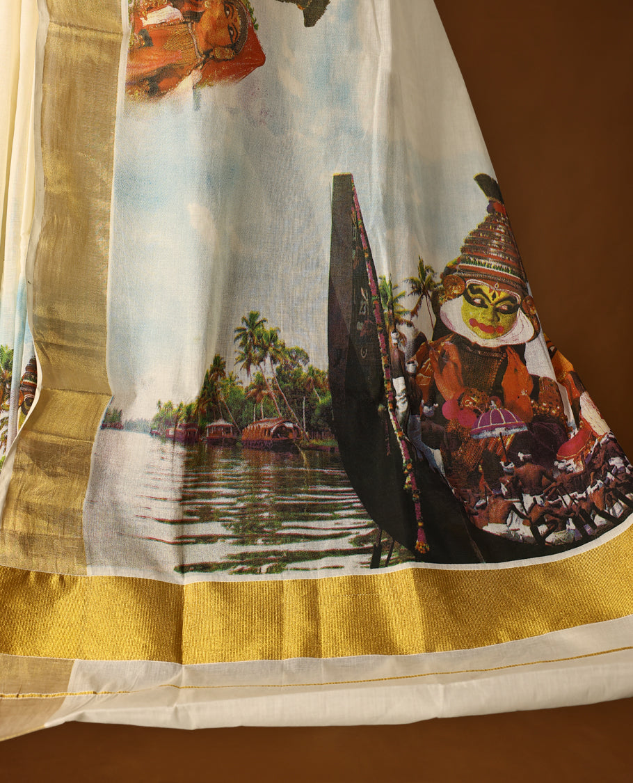 Elegant off white Kerala cotton saree featuring Kerala’s traditional cultural and scenic digital prints, beautifully enhanced with a classic golden zari border paired with a matching blouse.