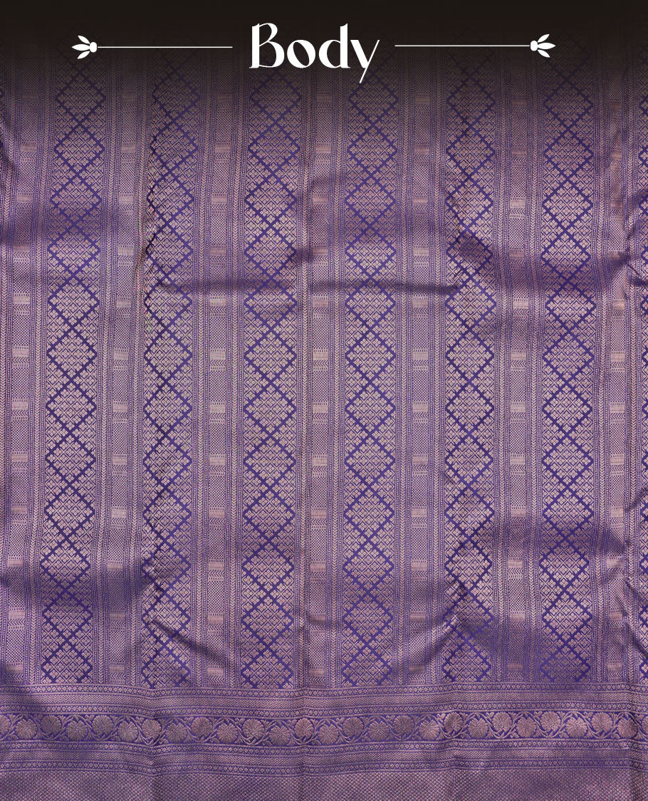 Violet colour Kanchipuram pattern Manthrakodi saree featuring geometrical design antique gold zari jacquard design on the body, traditional turning border, and jacquard zari blouse piece.