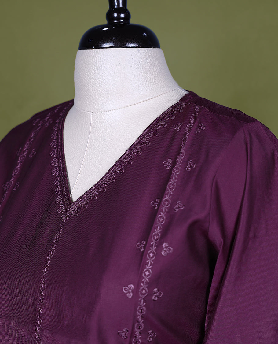 Grape Wine Colour V neck Readymade kurti with embroidery work for women, featuring 3/4 sleeves.