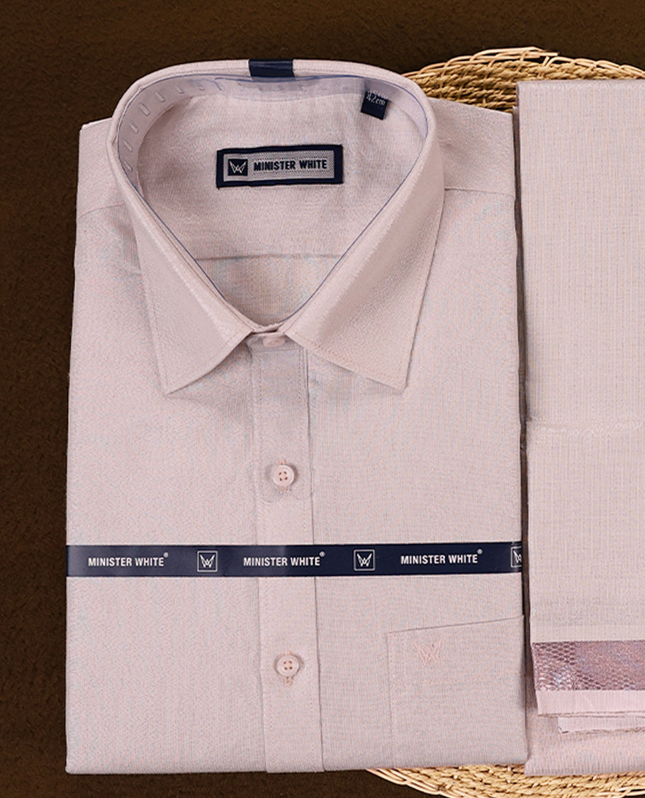 Elegant light pink tissue shirt and matching dhoti set with a refined texture and subtle sheen featuring a pink tissue zari border ideal for festive and formal occasions