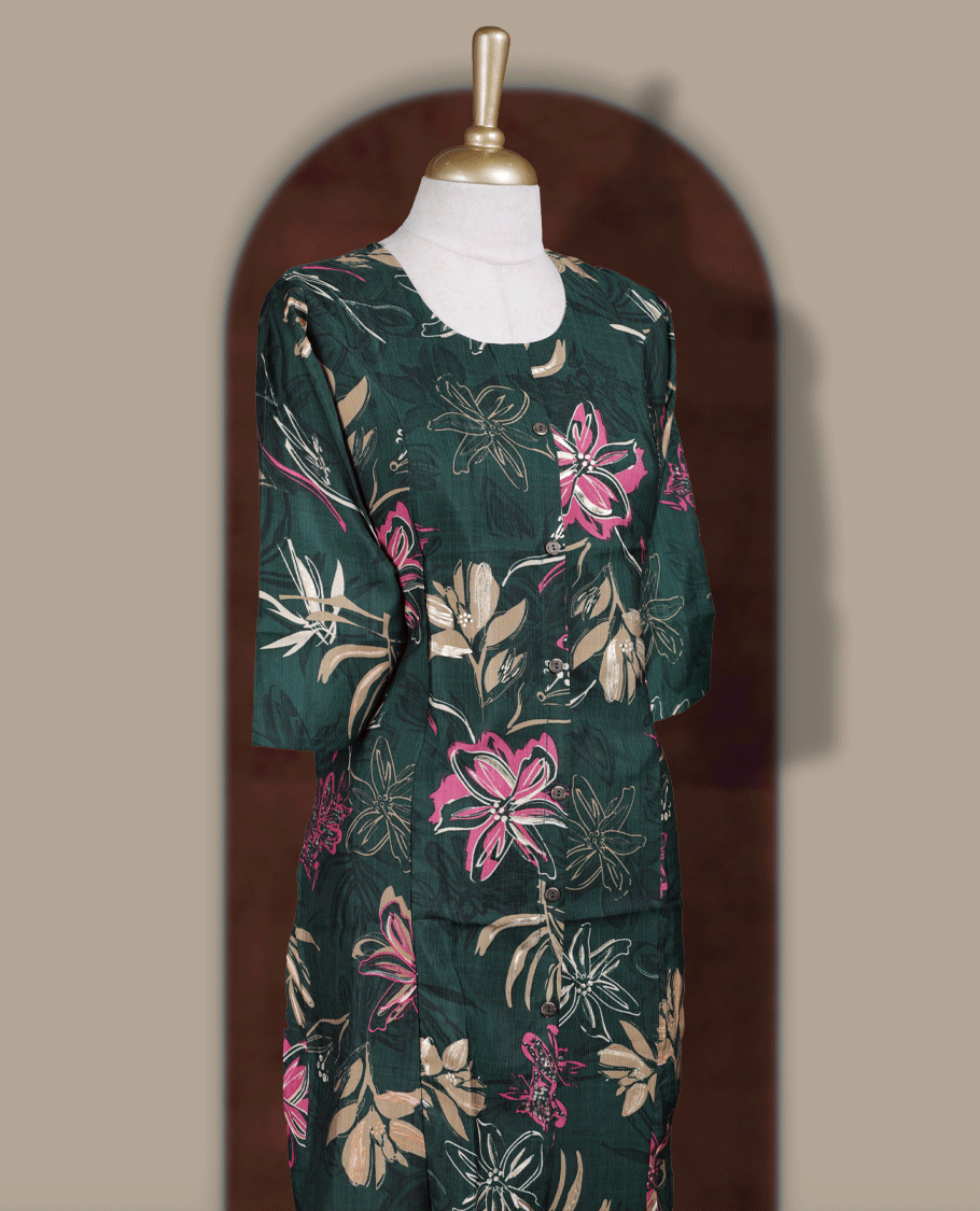 Dark green colour kurthi featuring boldpink,beige,light golden colour floral prints, a round neckline with front button detailing, and comfortable 3/4th sleeves & Designed in a flattering A line silhouette.